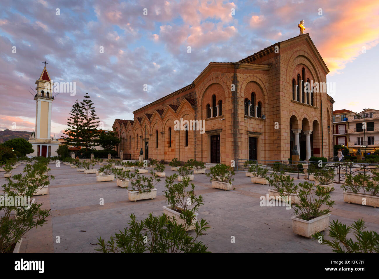 Sunset at St Dionysos church in Zakynthos town, Greece. Stock Photo