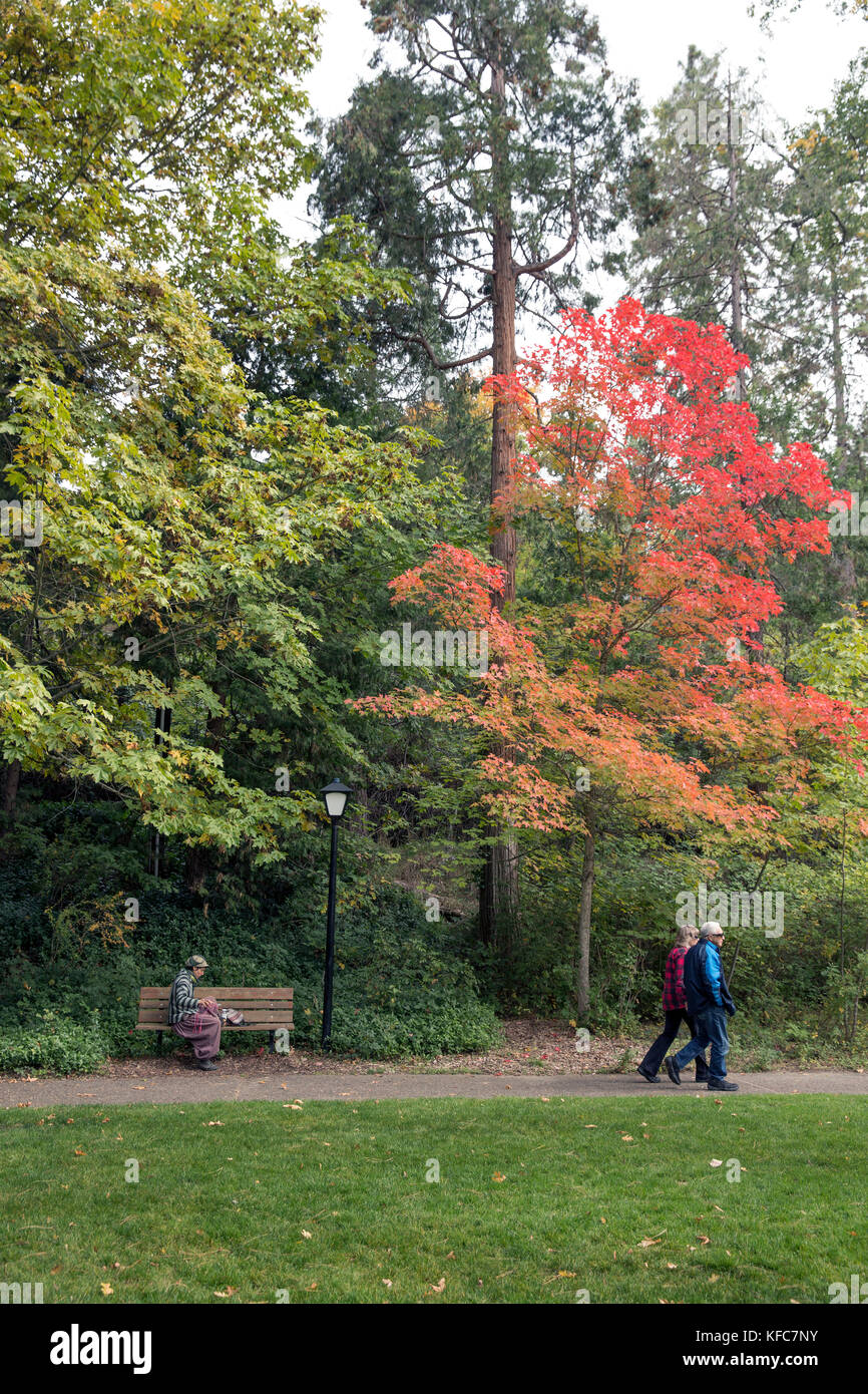 USA, Oregon, Ashland, a young man and woman walk through Lithia Park in the Fall Stock Photo