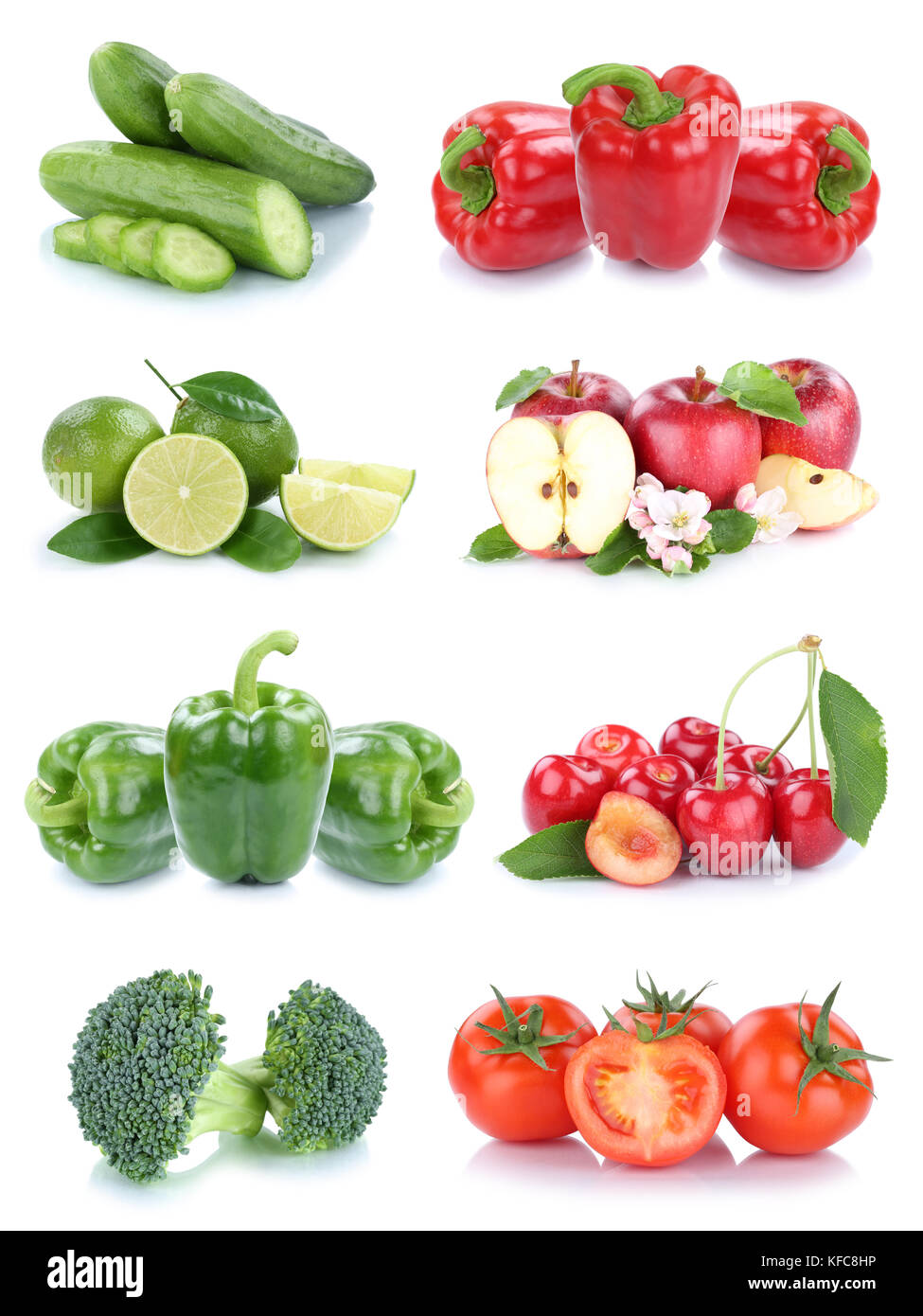 Fruits and vegetables collection isolated apples tomatoes bell pepper colors fruit on a white background Stock Photo
