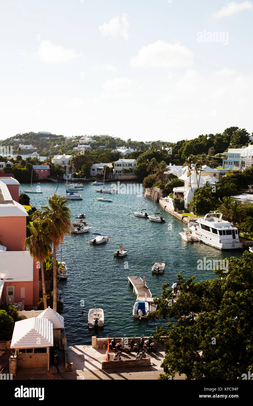BERMUDA. Hamilton. View of Hamilton houses and boat dock from the