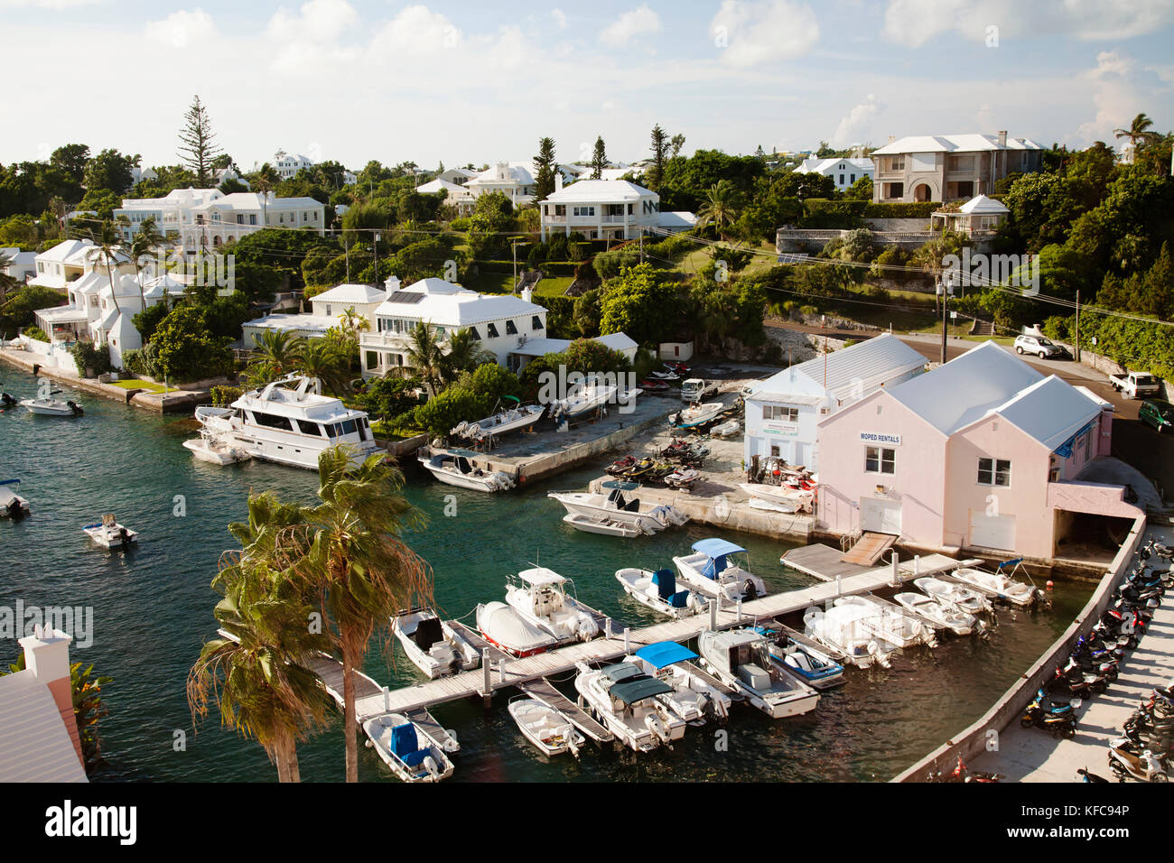 BERMUDA. Hamilton. View of Hamilton houses and boat dock from the