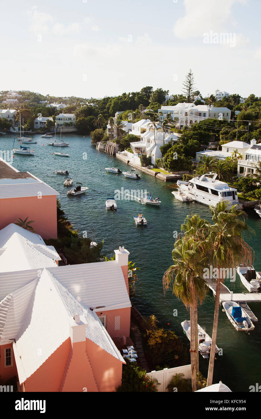 BERMUDA. Hamilton. View of Hamilton houses and boat dock from the