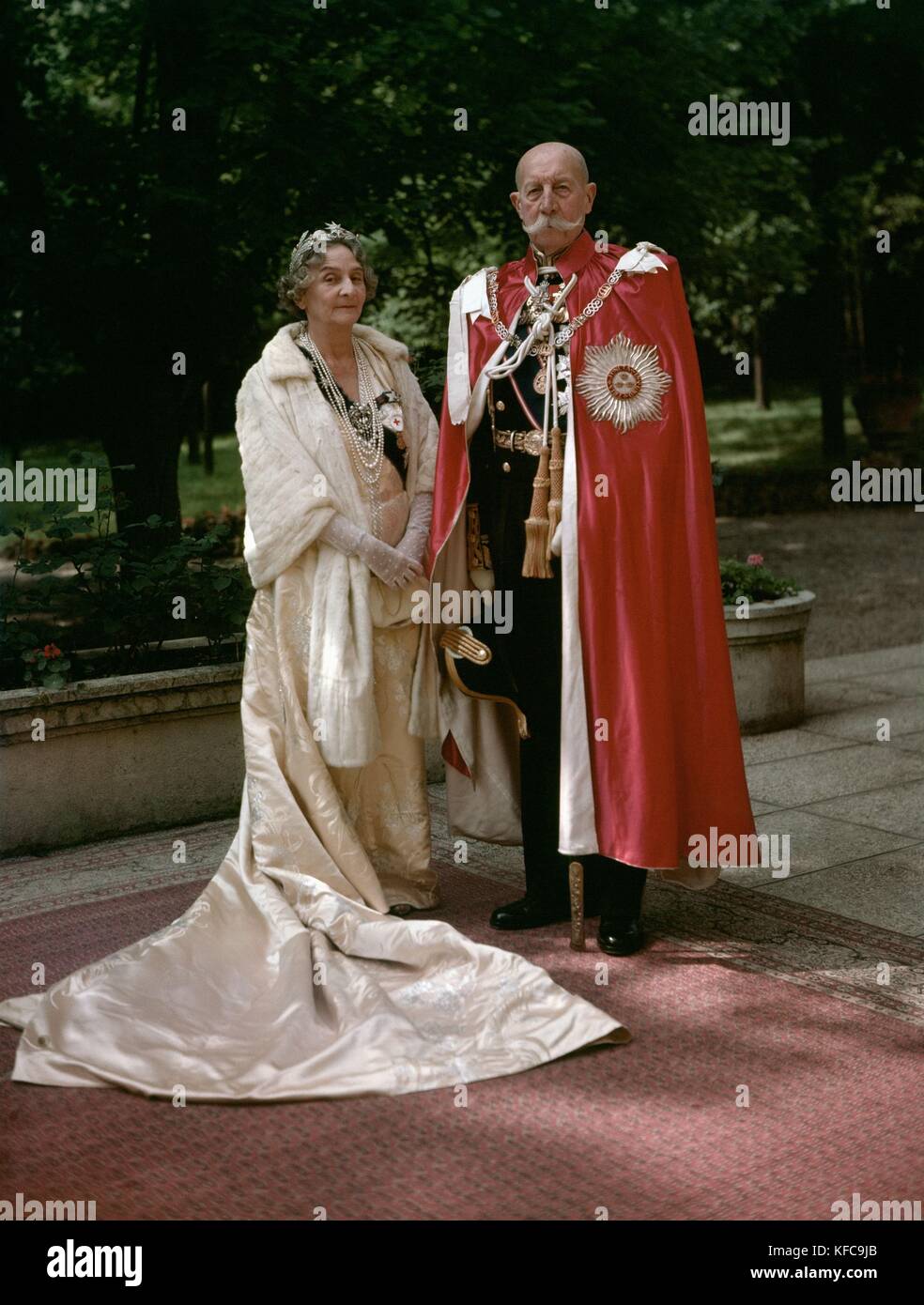 Prince George of Greece and of Denmark (1869-1957) and his wife Princess Marie Bonapart (1882-1962) in court dress  1953  Taponier Photo Photo12.com - Coll. Taponier Stock Photo
