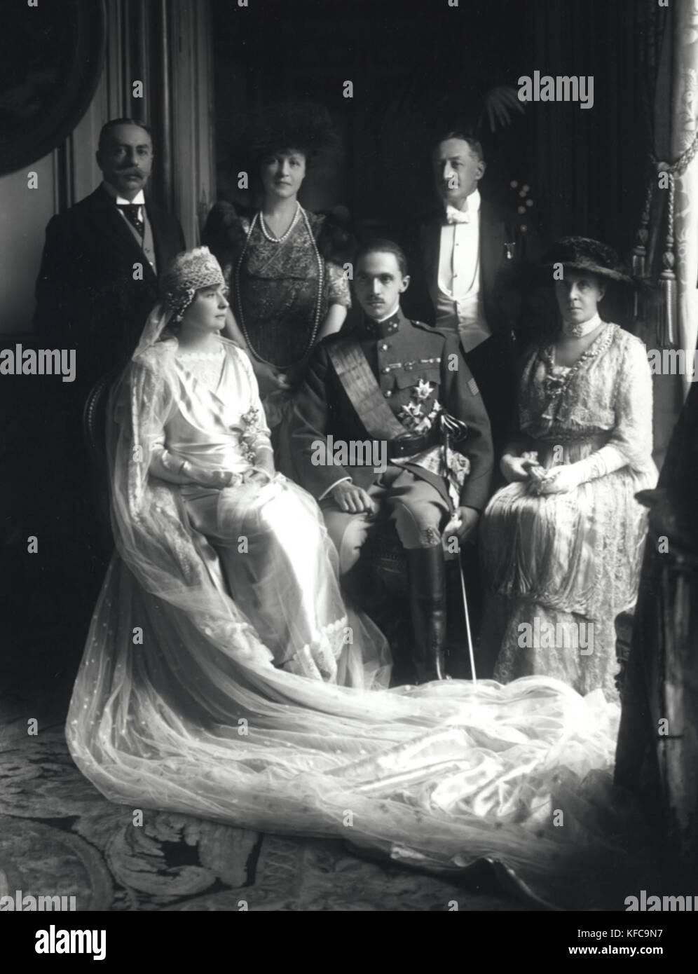 Prince Sixtus of Bourbon-Parma (1886-1934) and Hedwige de La Rochefoucauld (1896-1986) on their wedding day in Paris on November 12, 1919.  On right, the Duchess of Doudeauville.  Boissonnas and Taponier Photo Photo12.com - Coll. Taponier Stock Photo