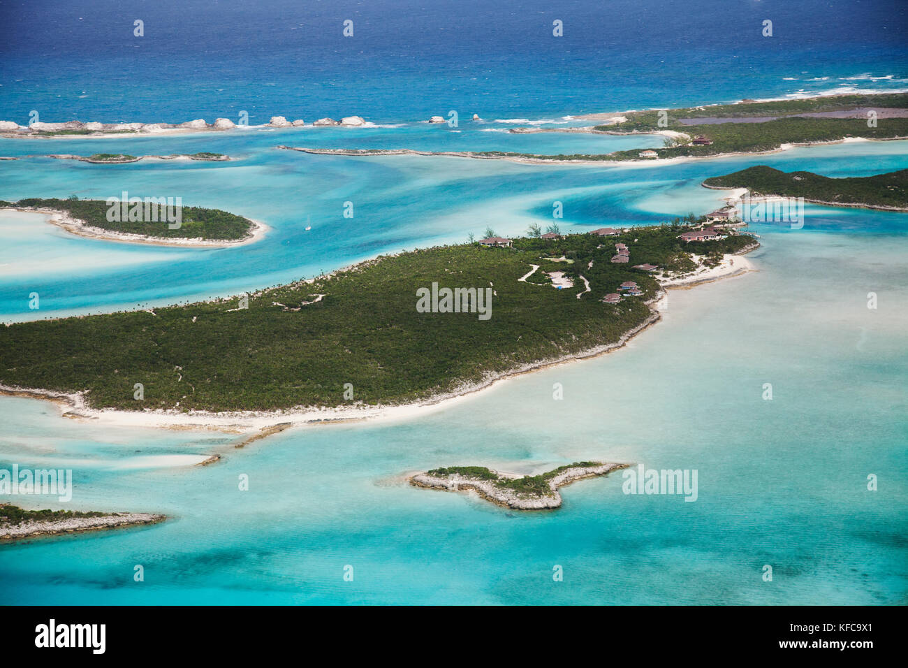 EXUMA, Bahamas. A view of Fowl Cay from the plane. Stock Photo