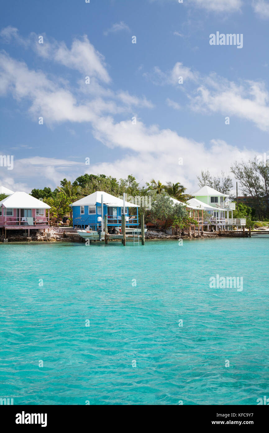 EXUMA, Bahamas. View of houses along the shore on Staniel Cay Stock