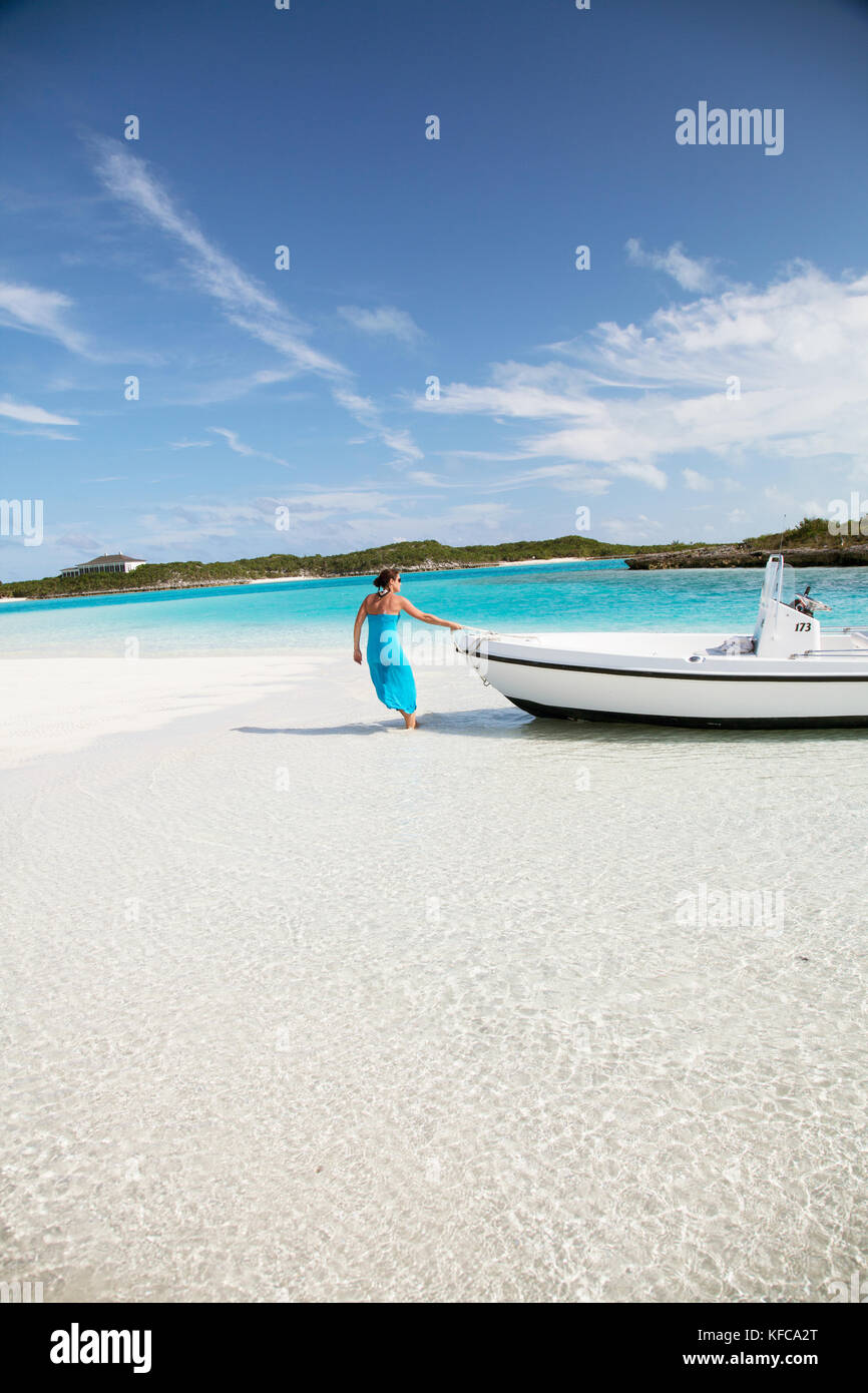 EXUMA, Bahamas. Anchoring the boat off a sandbar close to Musha Cay