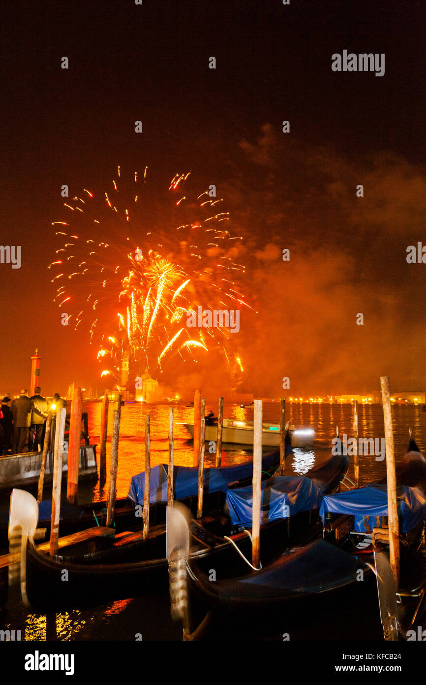 ITALY, Venice. New Year's Eve fireworks display over the Grand Canal