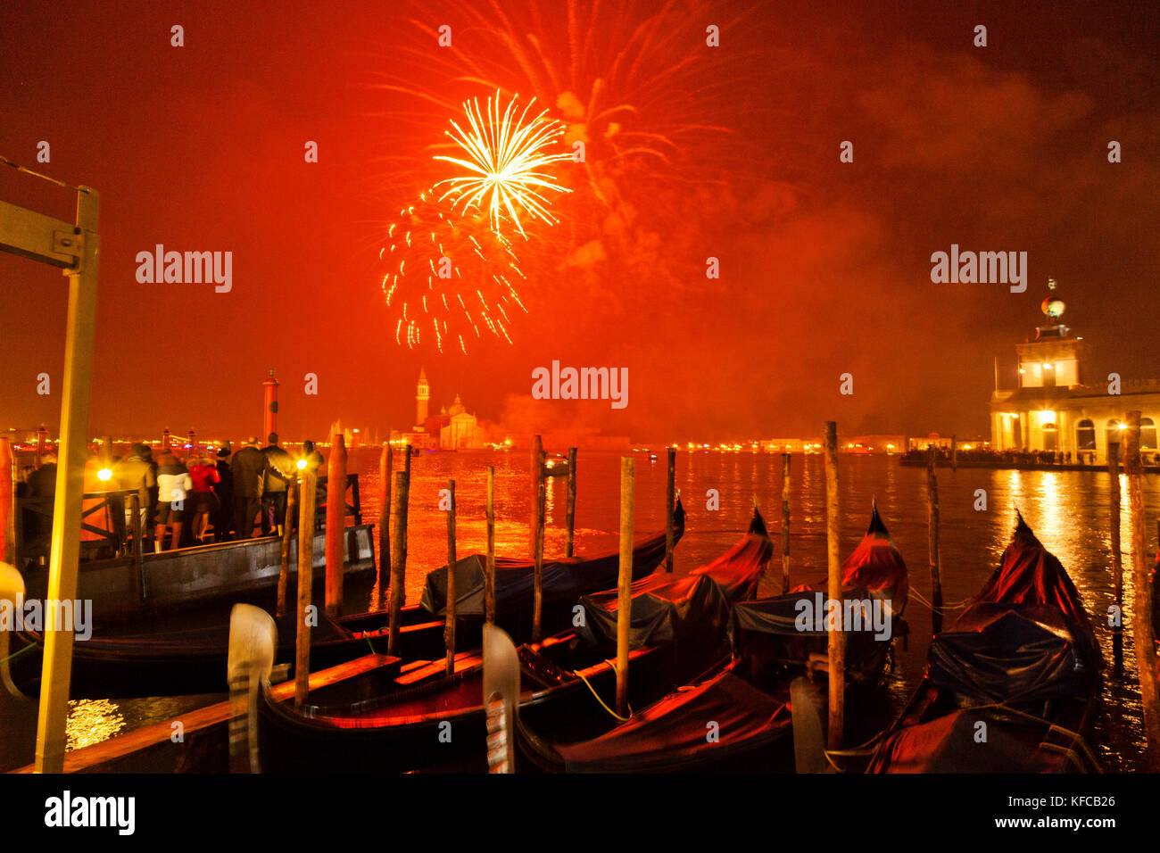 ITALY, Venice. New Year's Eve fireworks display over the Grand Canal