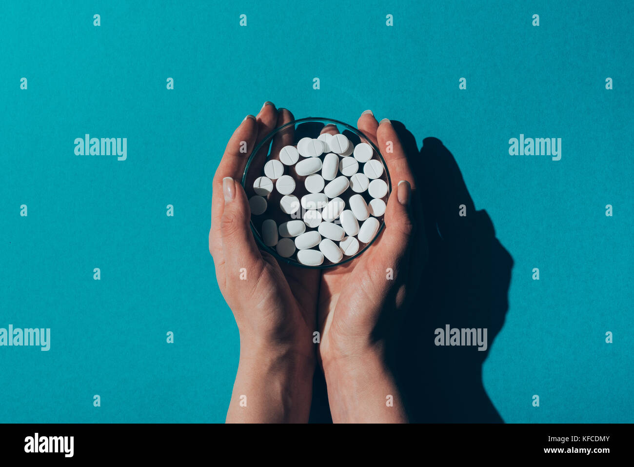petri dish with pills in hands Stock Photo