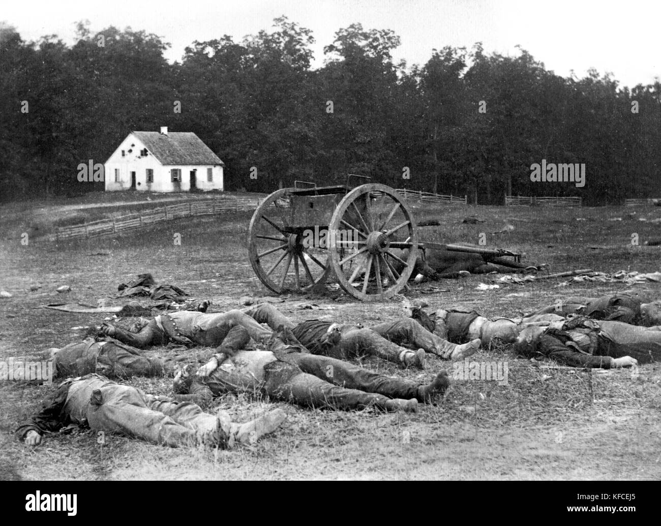 Alexander Gardner's iconic photograph of dead soldiers in front of the Dunker Church, after the Battle of Antietam in 1862, Sharpsburg, Maryland, USA Stock Photo