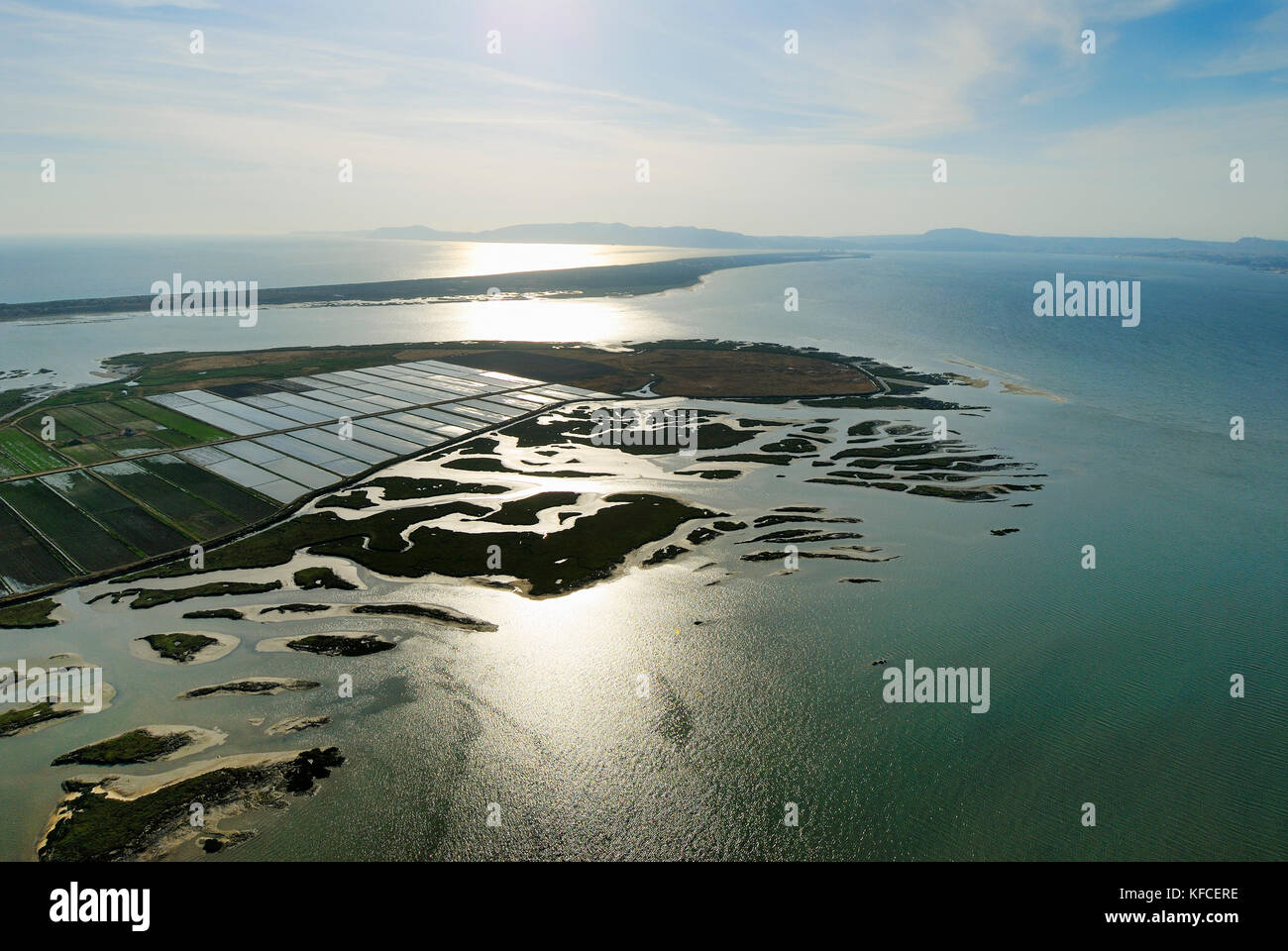 Aerial view of rice fields and marshes along the Sado river. Comporta, Alentejo. Portugal Stock Photo
