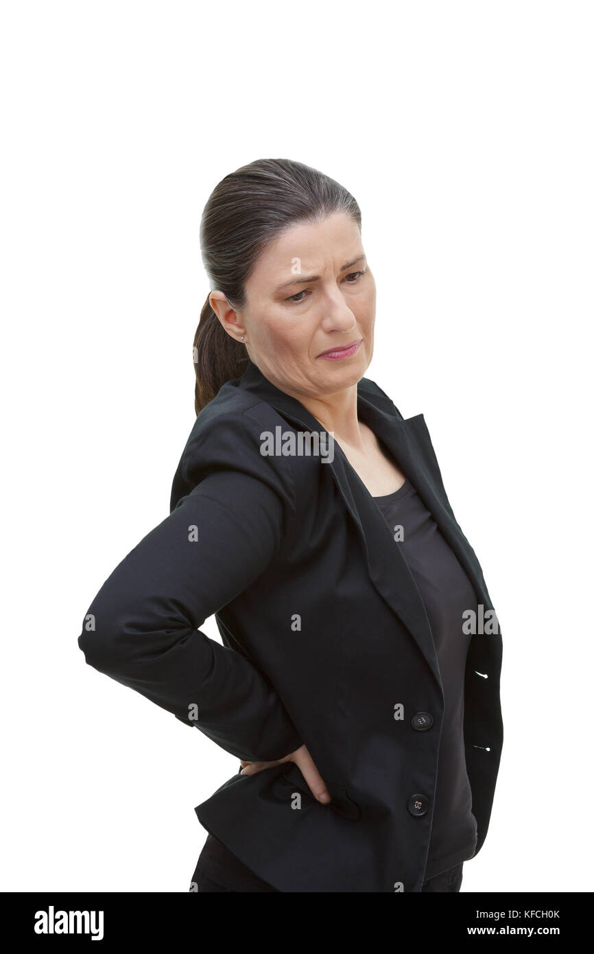 Middle aged woman with chronic pain syndrome fibromyalgia suffering from acute back ache, isolated on white background Stock Photo