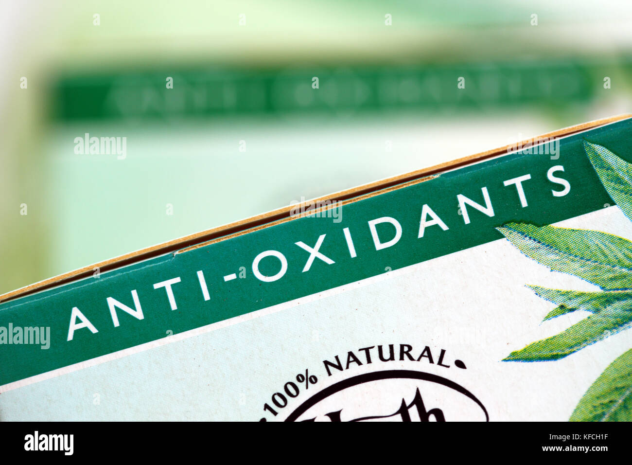 Antioxidants written across a packet of green tea Stock Photo