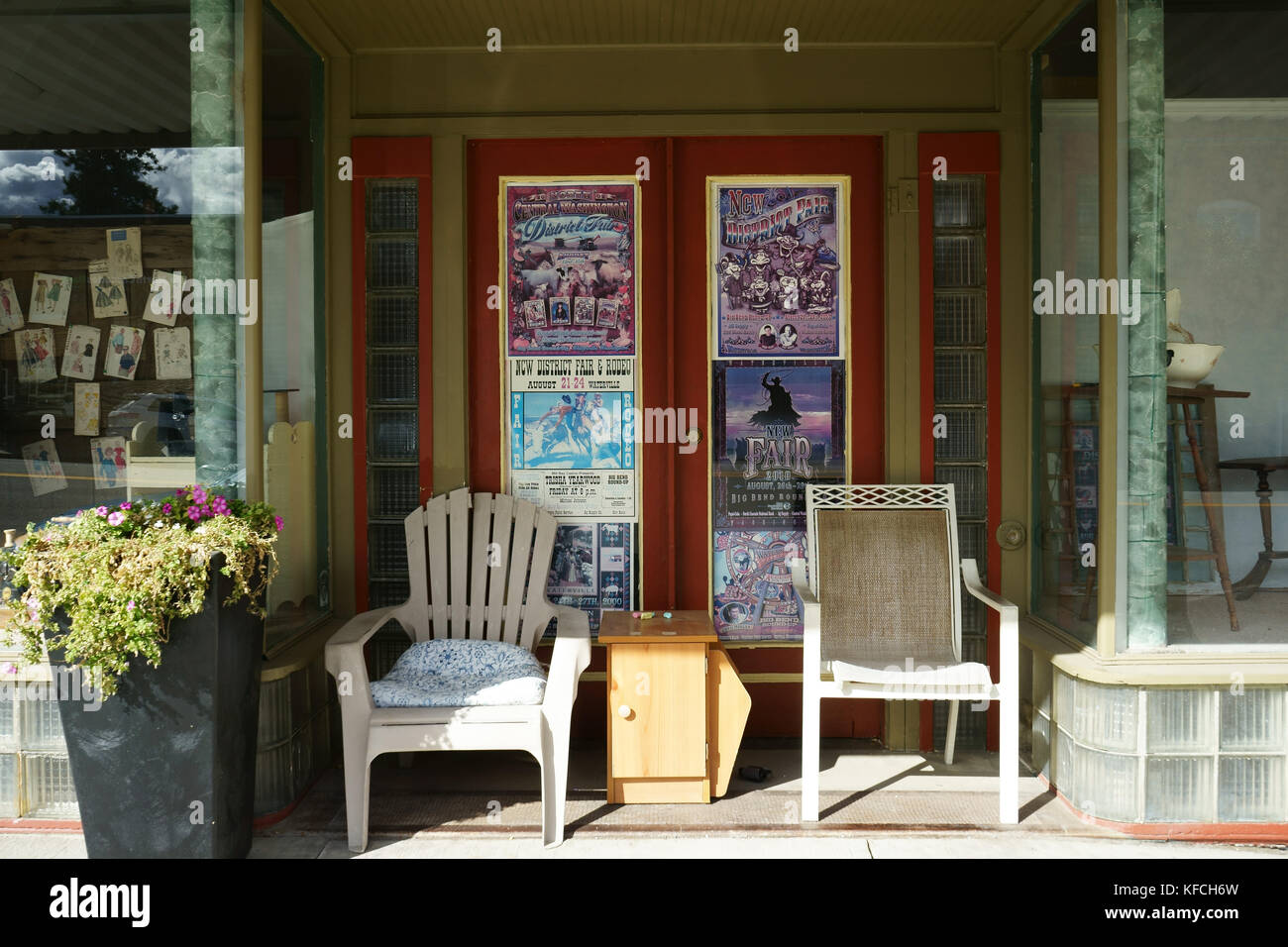 Blocked store entrance with chairs at Michells hardware store, downtown Waterville, Douglas County, Washington State, USA Stock Photo