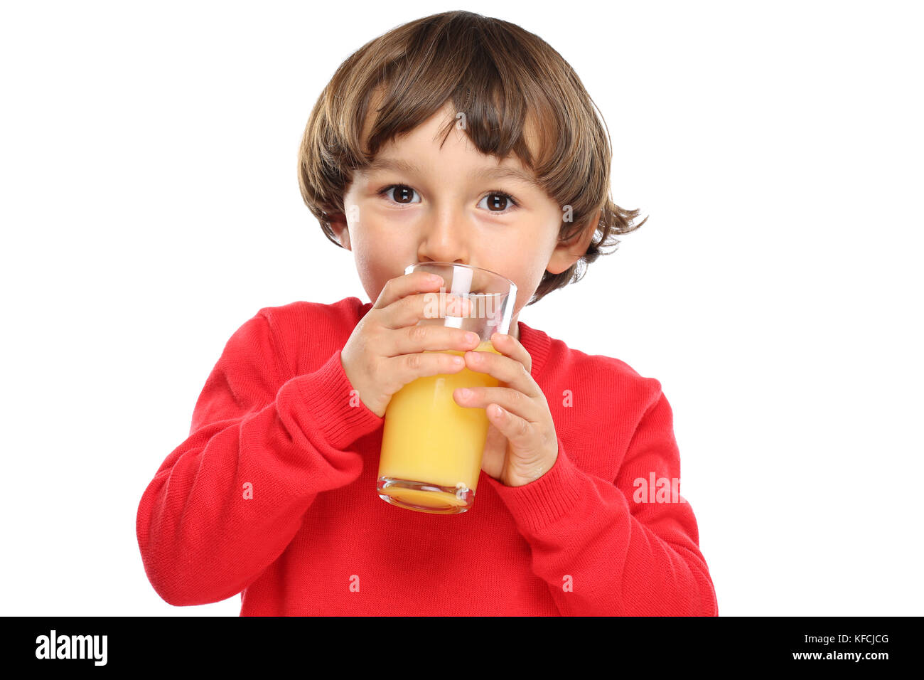 Child kid drinking orange juice healthy eating isolated on a white