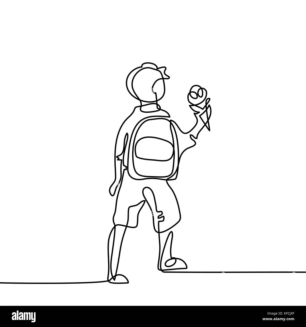 Boy with ice-cream going back to school with bag. Continuous line drawing. Vector illustration on white background Stock Vector