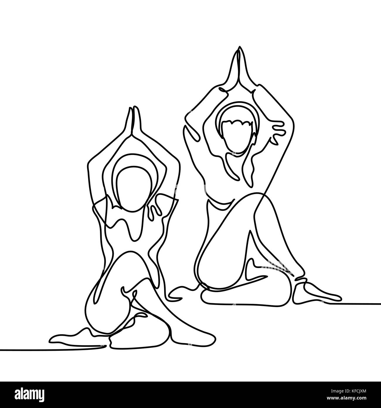 Continuous line drawing. Two women doing exercise in yoga pose. Vector