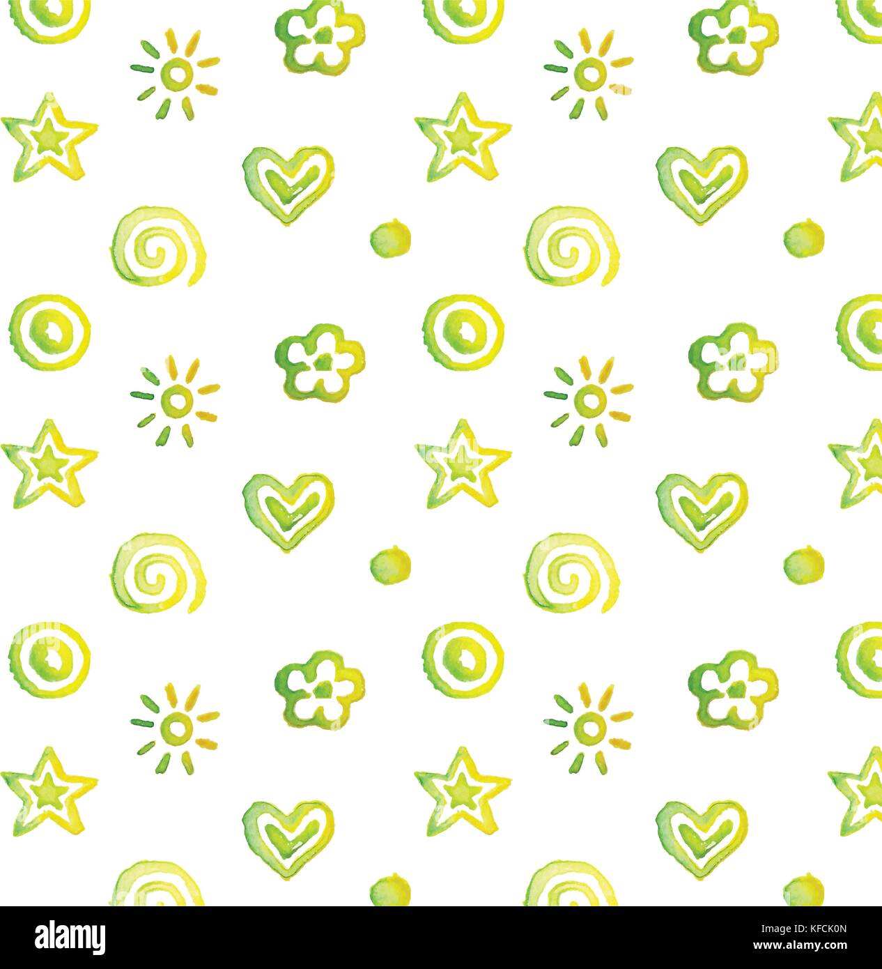 Vector seamless pattern, background watercolor cute doodles on yellow. Stock Vector