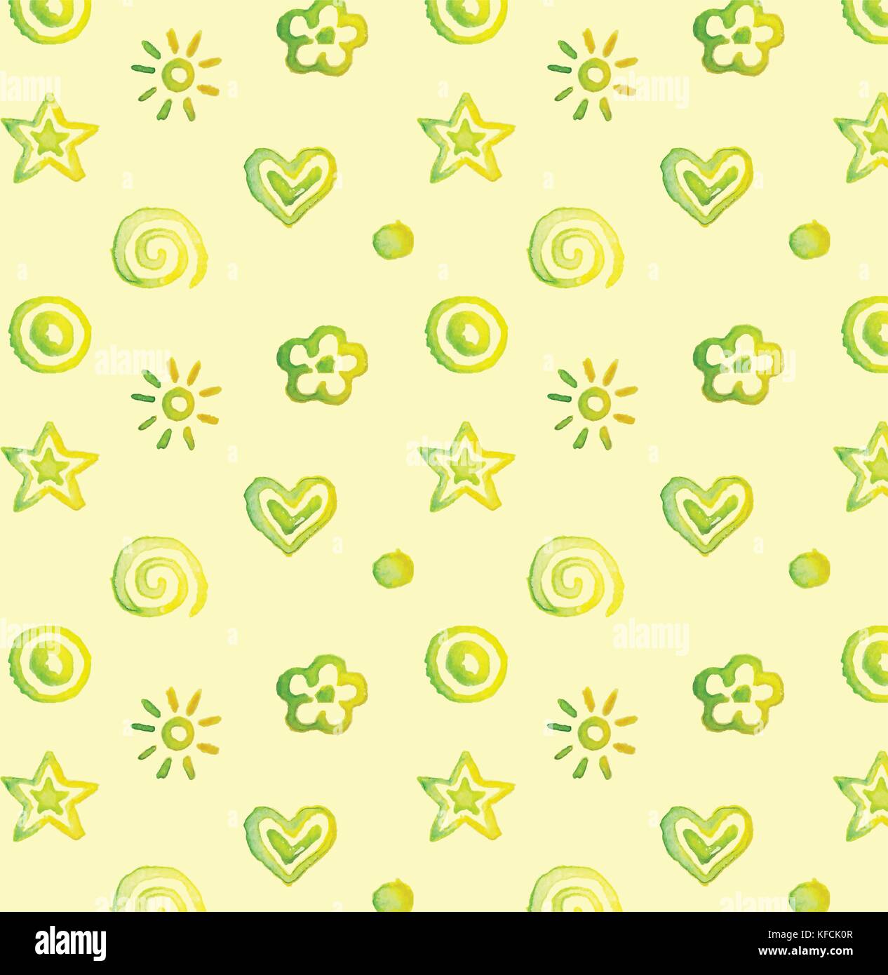 Vector seamless pattern, background watercolor cute doodles on yellow. Stock Vector