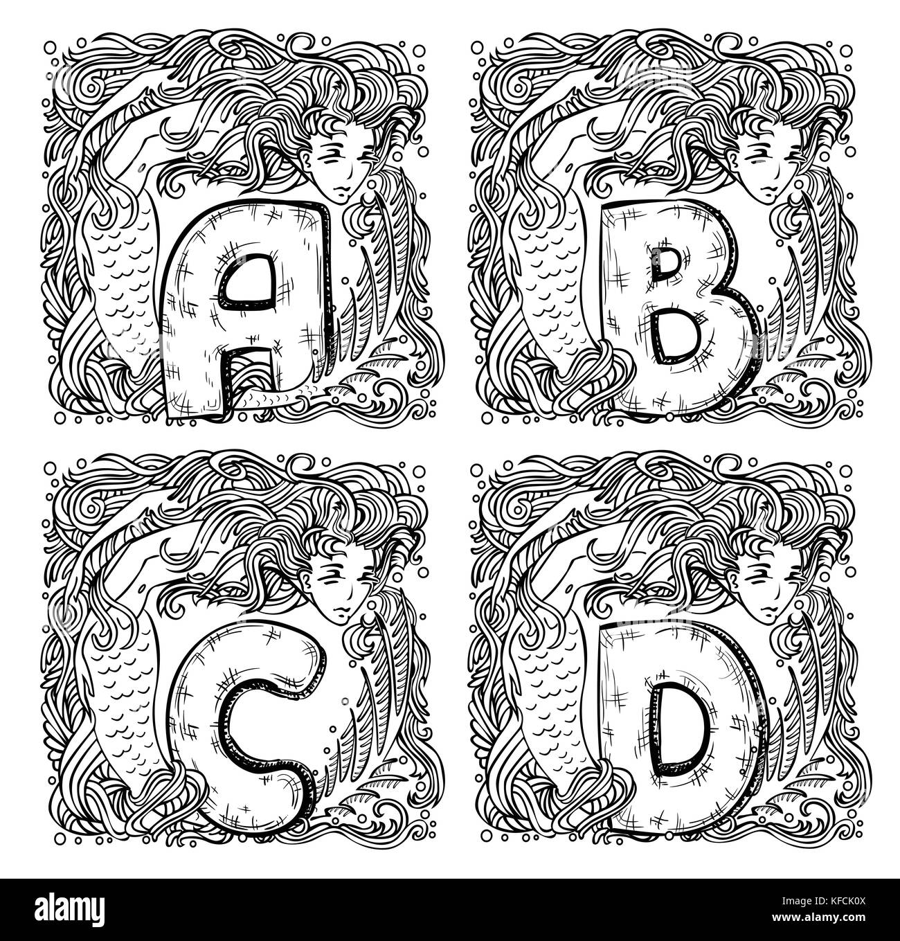 retro mermaid alphabet - a, b, c, d Stock Vector