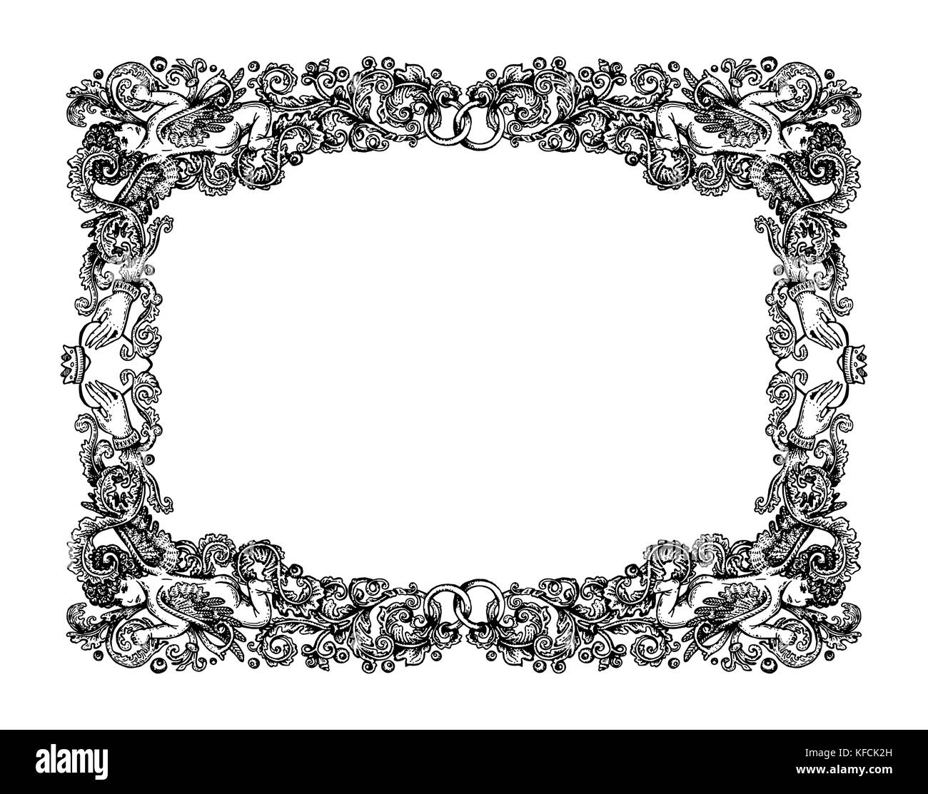 Vector illustration of vintage wedding vignette frame - renaissance engraving style hand drawn ornament frame with cupids, claddah symbol with hands a Stock Vector
