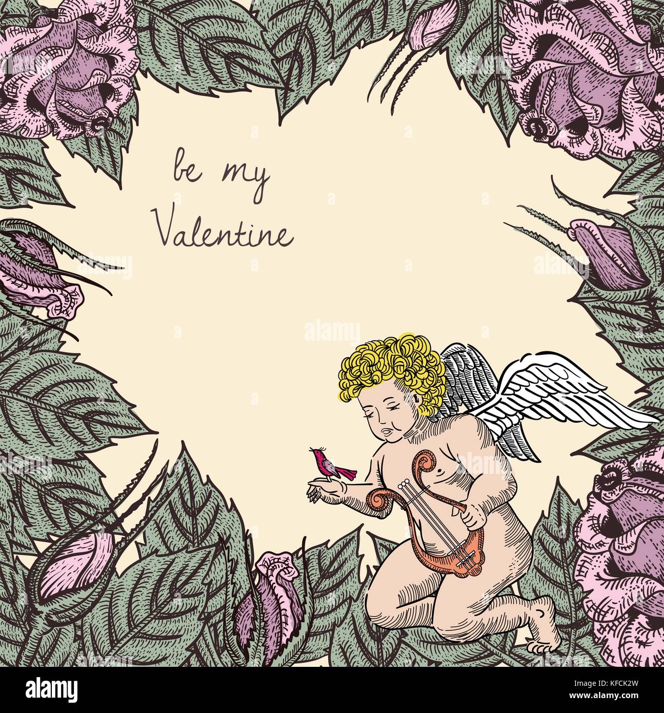 valentine card with cupid, bird and roses Stock Vector