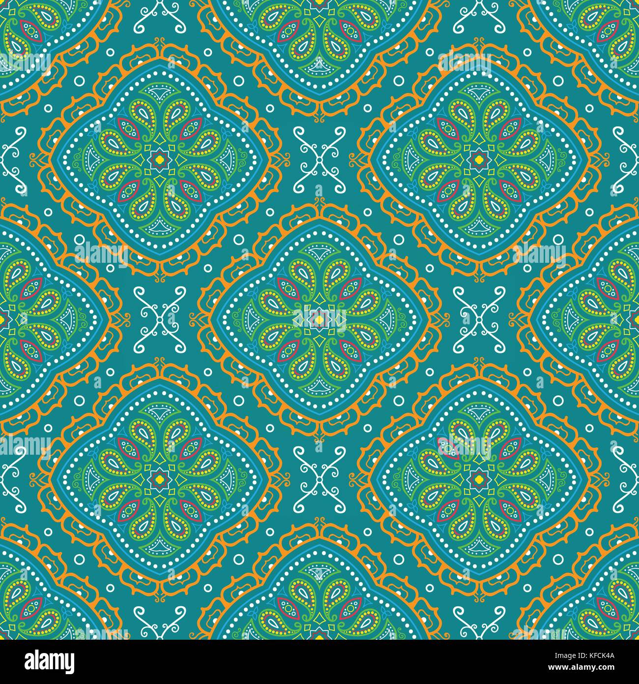 Vector bright seamless indian pattern, paisley mandala on turquoise Stock Vector