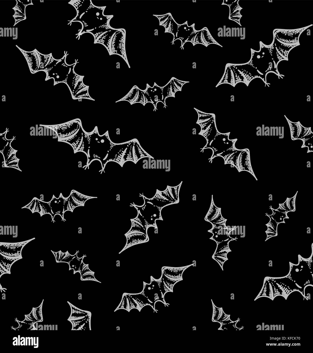 Vector illustration of seamless pattern with bats, flying on black