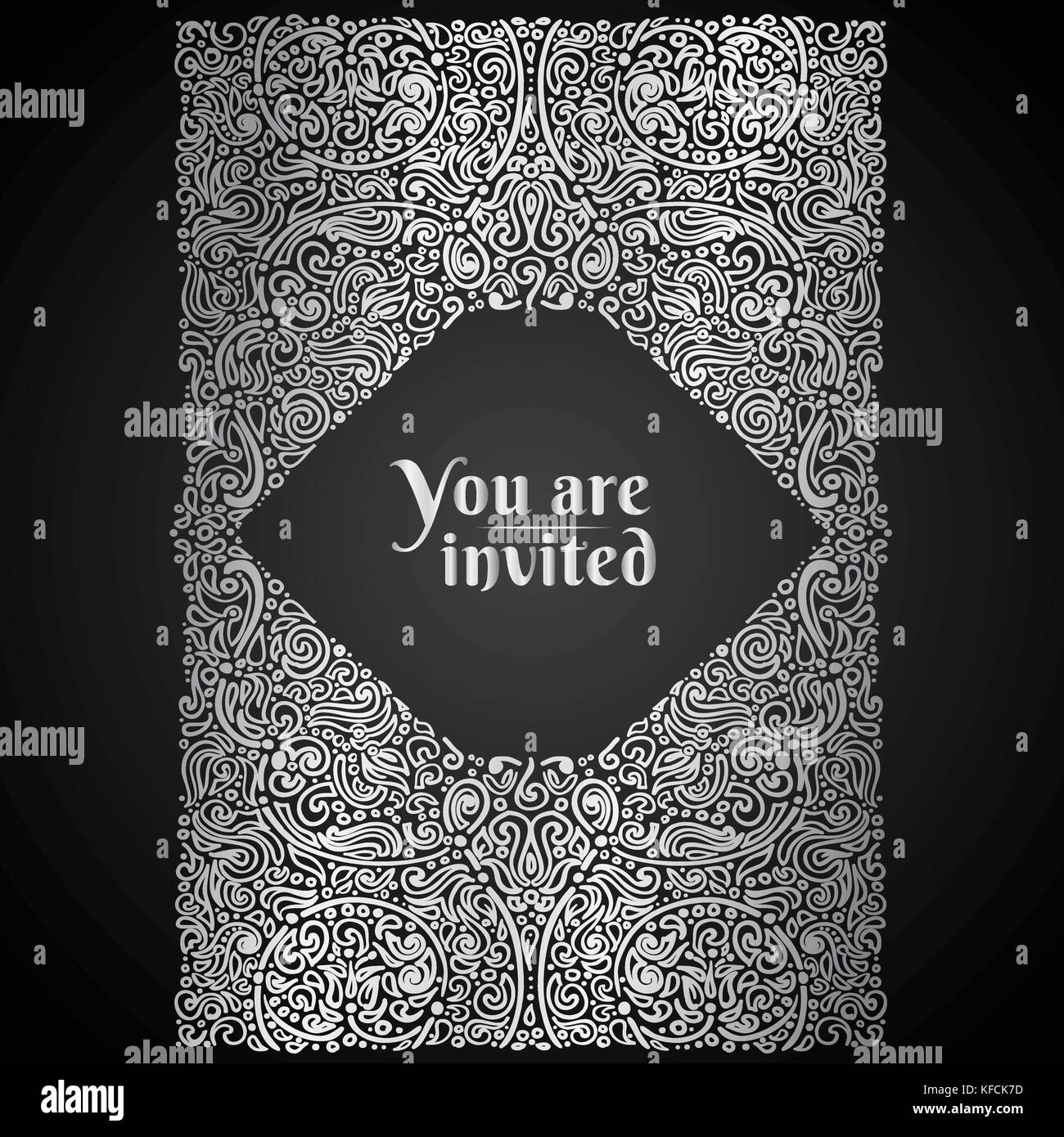 Ornate oriental invitation card, silver ornaments on black background, vector illustration clip-art Stock Vector