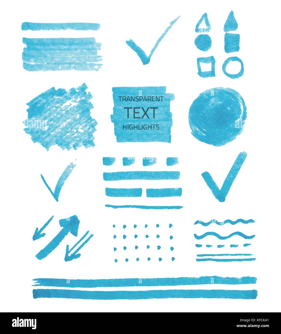 Vector set of transparent highlighter marks, blue color isolated on white Stock Vector