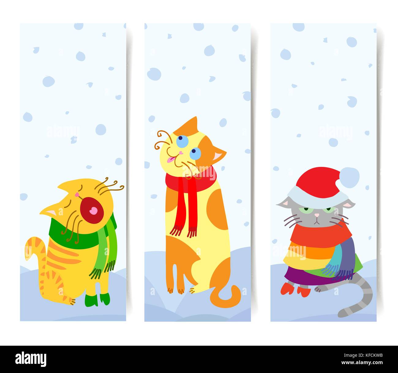 Vector set of 3 vertical banners with Christmas cats ready to use transparent shadows