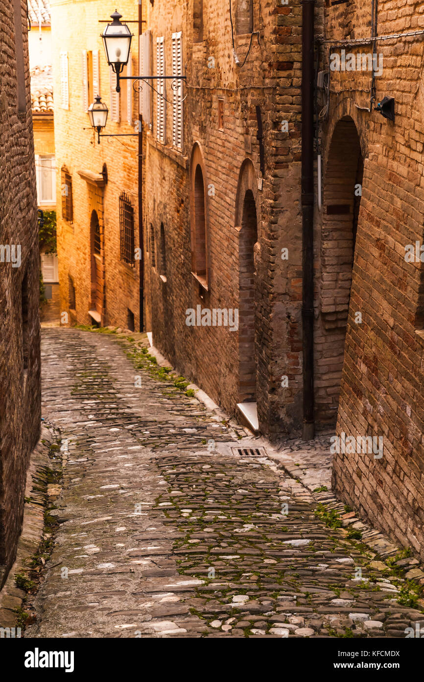Vertical street view, Warm toned photo of Fermo old town, Italy Stock Photo