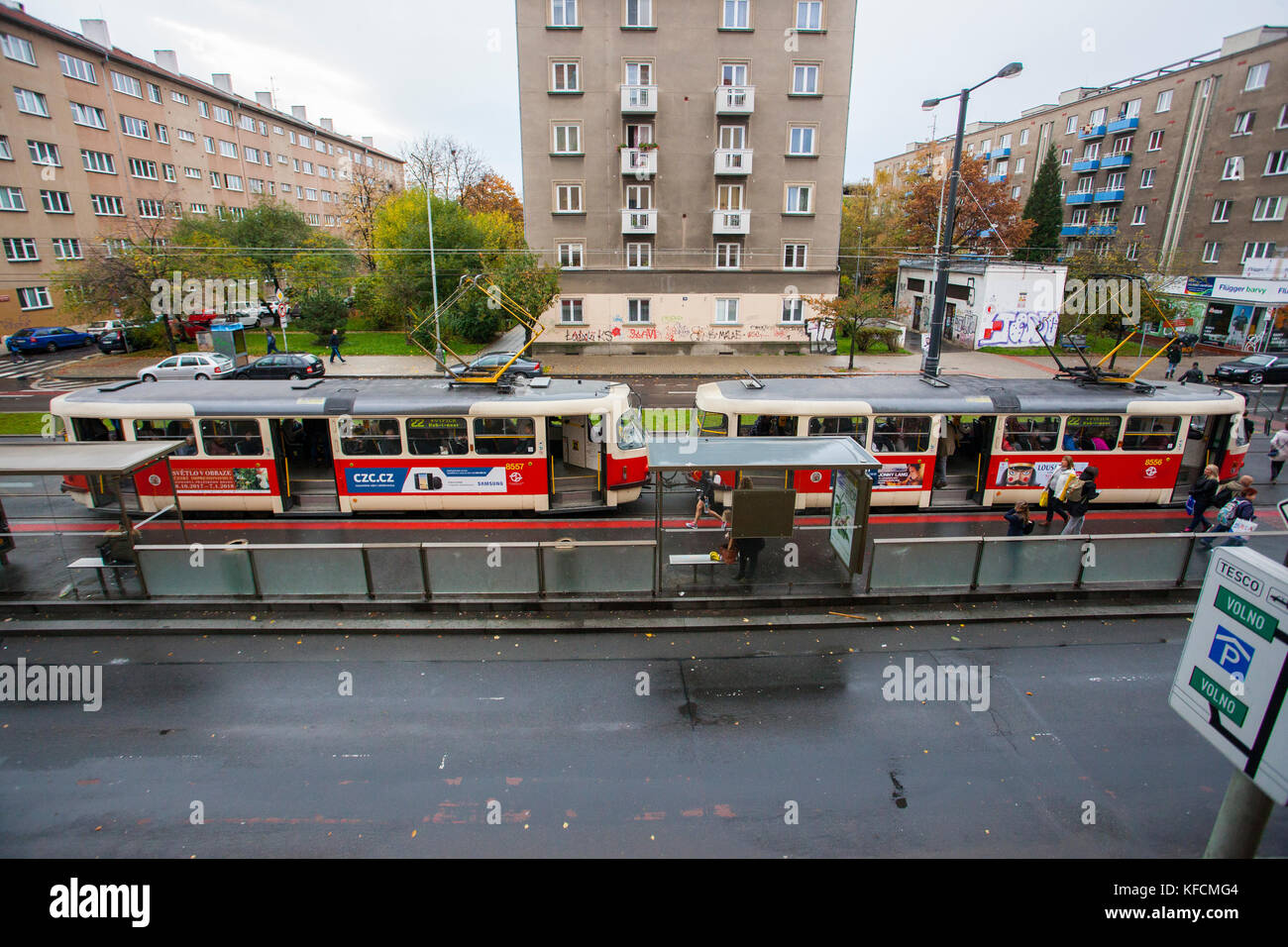 tram in Slavia area of Prague at a stop Stock Photo