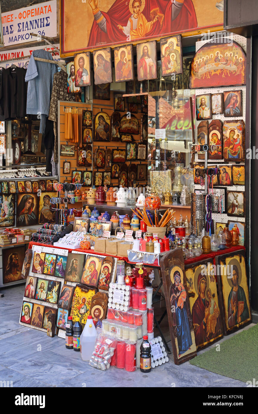 ATHENS, GREECE - MAY 05: Orthodox Church Store in Athens on MAY 05, 2015.  Icons and Candles in Religious Shop in Downtown Athens, Greece Stock Photo  - Alamy