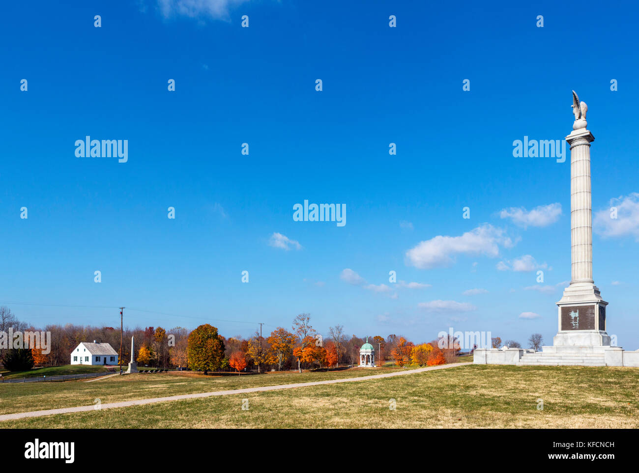 View towards the Dunker Church at Antietam National Battlefield, with the New York State Monument to the right, Sharpsburg, Maryland, USA Stock Photo