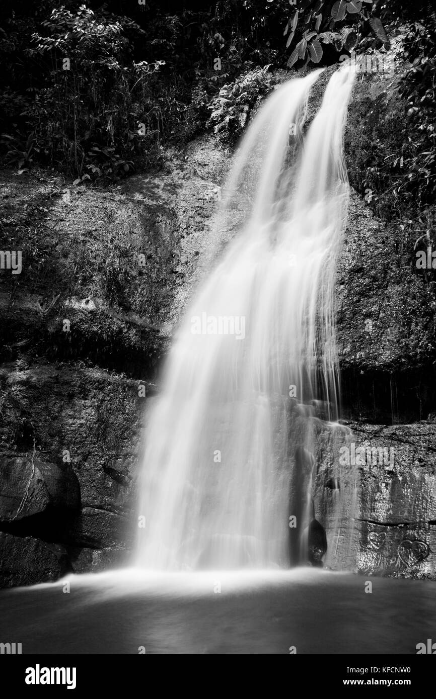 Black and white image of waterfall captured using long exposure technique at Kubah National park in Malaysian Borneo. Enchanting force of nature Stock Photo