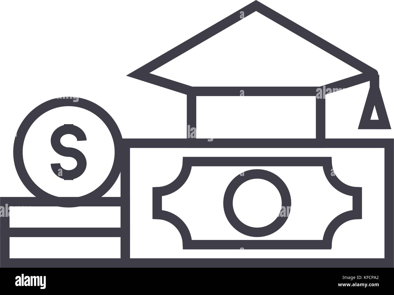 graduation cap, diploma and money concept vector thin line icon, symbol ...