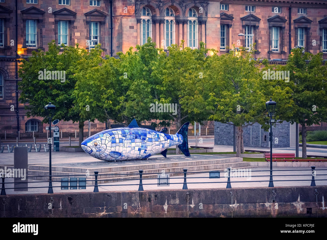 The Big Fish is a printed ceramic mosaic sculpture in Belfast also known as The Salmon of Knowledge. The work celebrates the regeneration of the Lagan Stock Photo