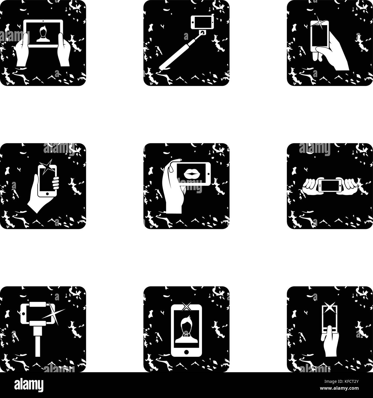 Shooting on cell phone icons set, grunge style Stock Vector
