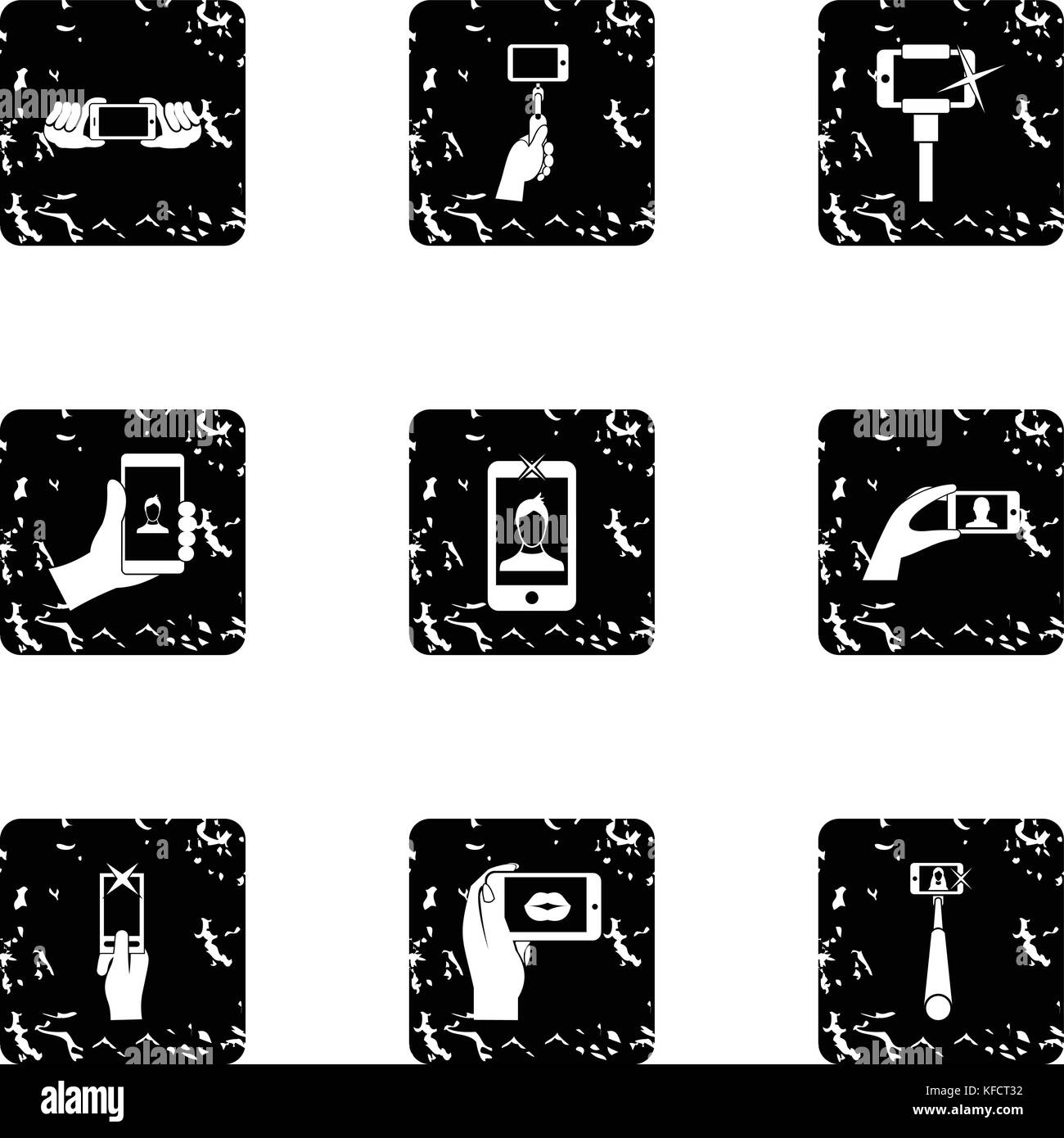 Photo on mobile phone icons set, grunge style Stock Vector