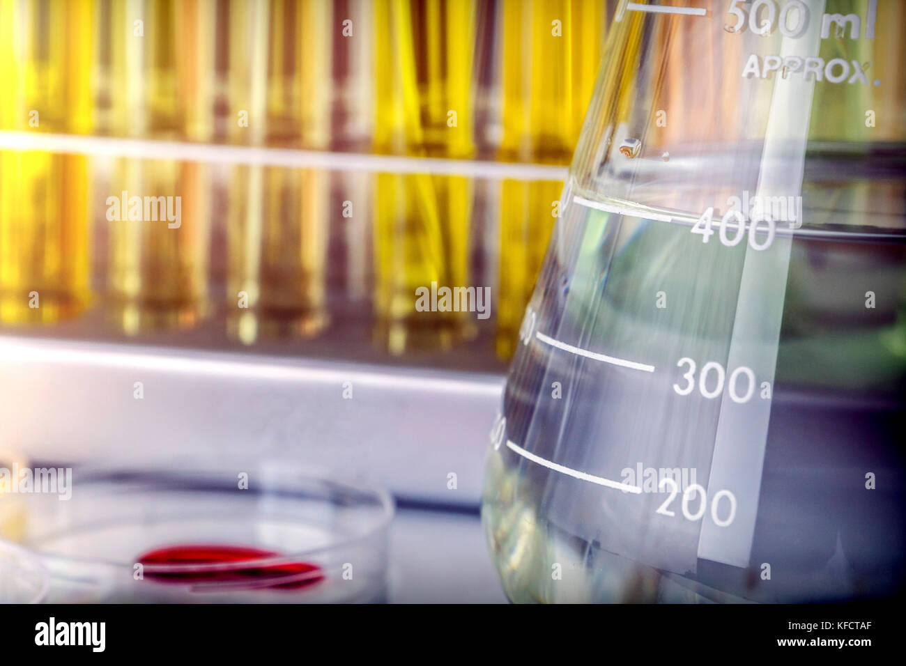 Several Test Tubes And Glass Of Precipitation In A Laboratory Stock Photo
