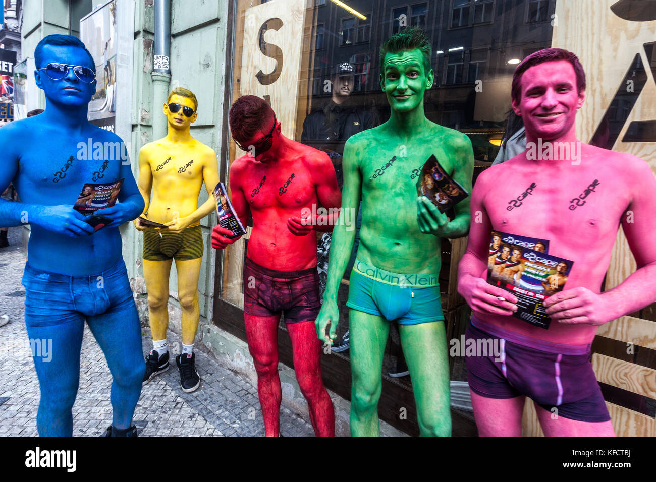Young men LGBT community festival, participant Prague pride, Czech Republic millennials colored men Stock Photo