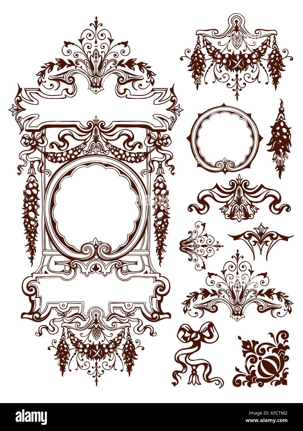 Intricate retro vector line drawings of floral and foliate ornament