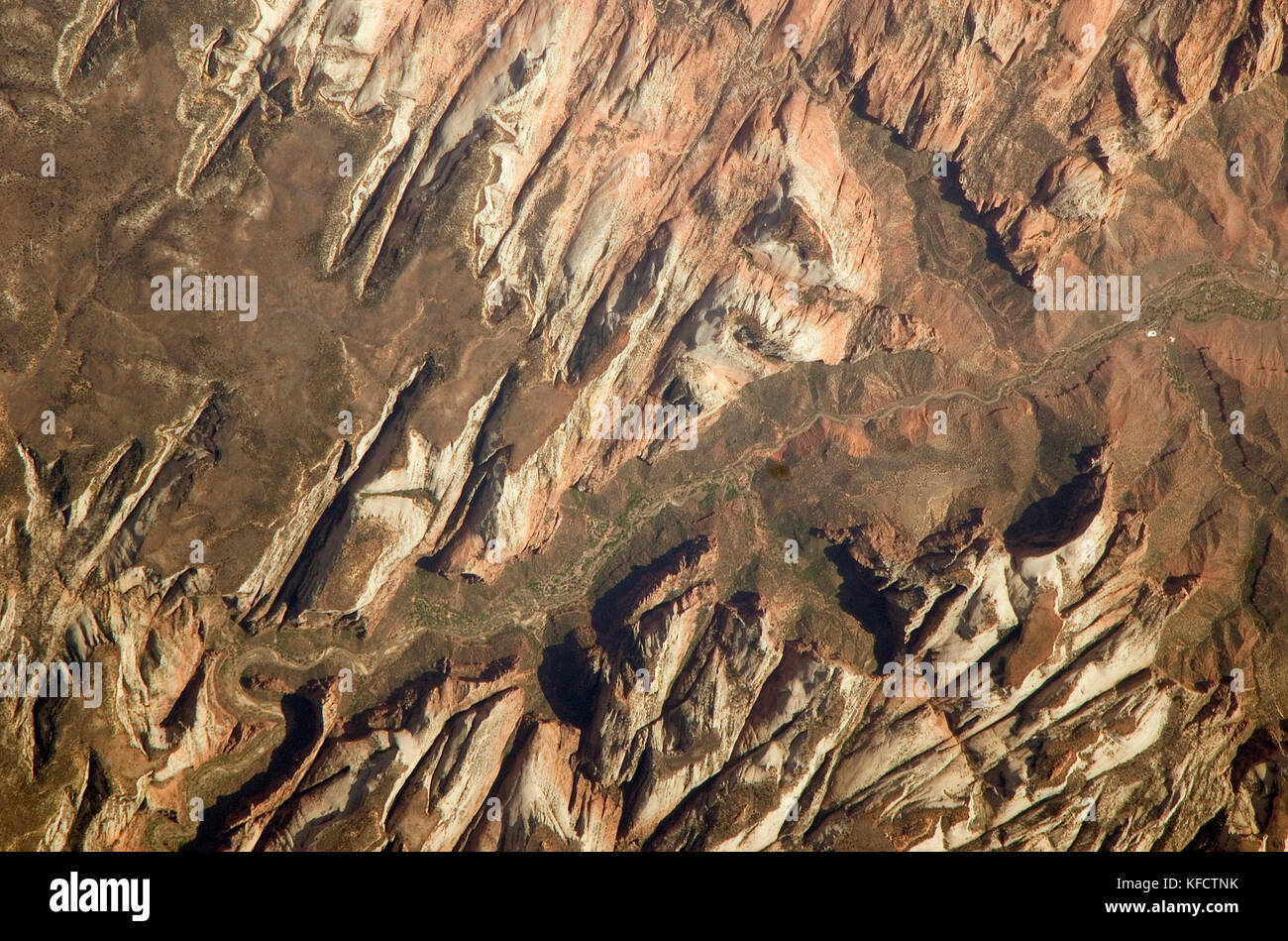 Zion National Park as viewed from the International Space Station,  is located in southwestern Utah, along the western margin of the Colorado Plateau. Stock Photo