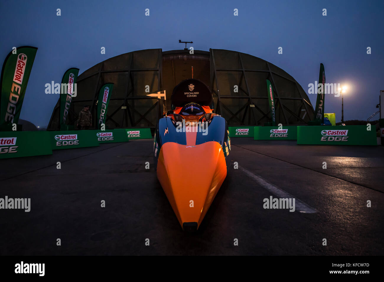Bloodhound SSC supersonic car outside hardened aircraft shelter HAS 7 hangar at dawn roll out prior to testing at Cornwall Airport Newquay Stock Photo