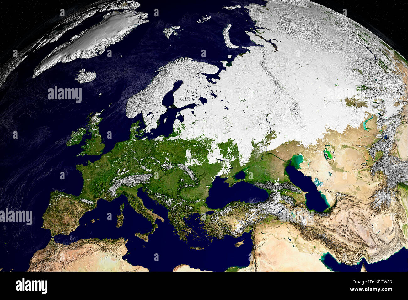 Snow over northern Europe and Asia as viewed from space. Stock Photo