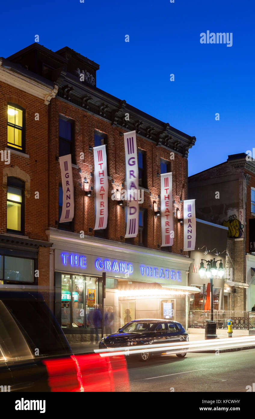 The Grand Theatre along Princess Street at dusk in downtown Kingston, Ontario, Canada. Stock Photo