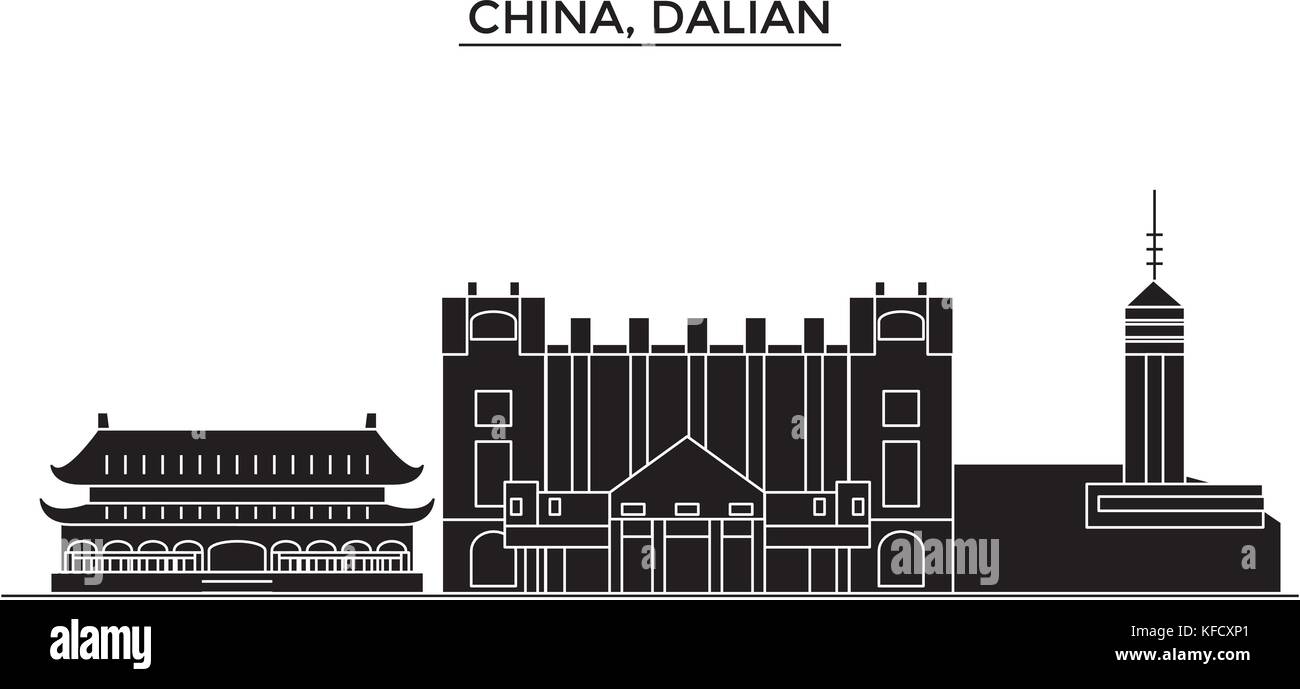 China, Dalian architecture urban skyline with landmarks, cityscape, buildings, houses, ,vector city landscape, editable strokes Stock Vector