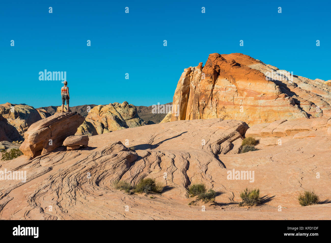 Woman looking at the spectacular redrock sandstone formations in the Valley of fire state park, Nevada, USA Stock Photo